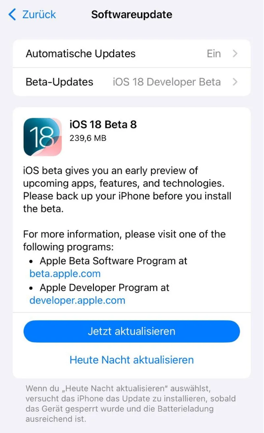 常宁苹果手机维修分享苹果 iOS / iPadOS 18 开发者预览版 Beta 8 发布 